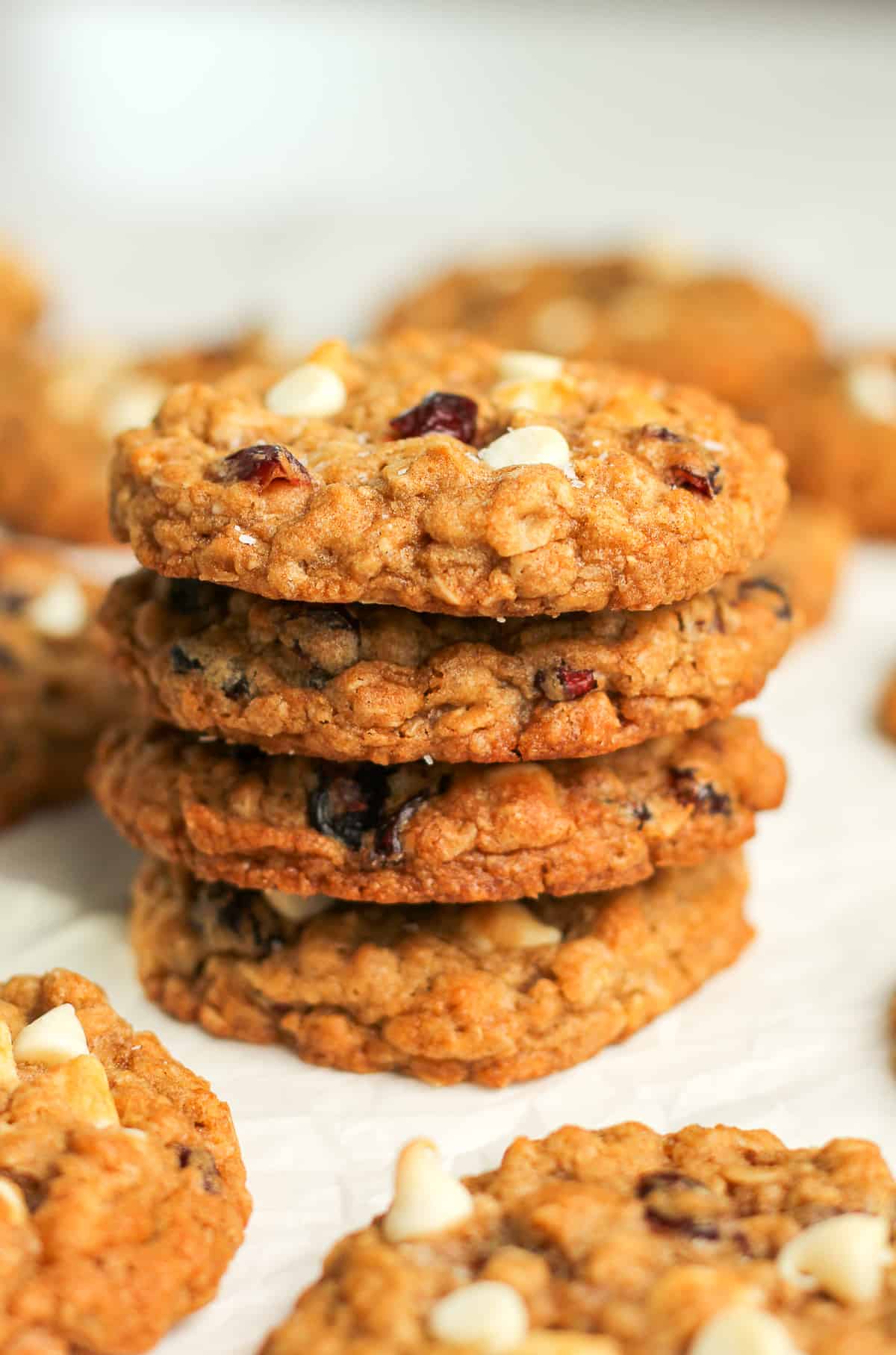 A stack of four oatmeal cookies.