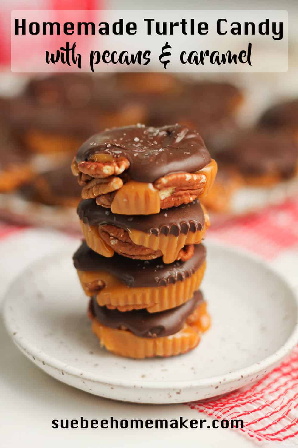 A stack of homemade turtle candy on a plate.