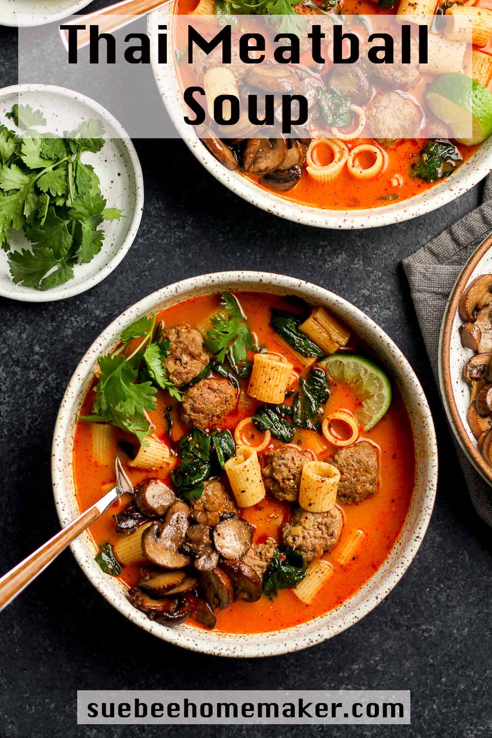 Two bowls of Thai Meatball Soup, with mushrooms.