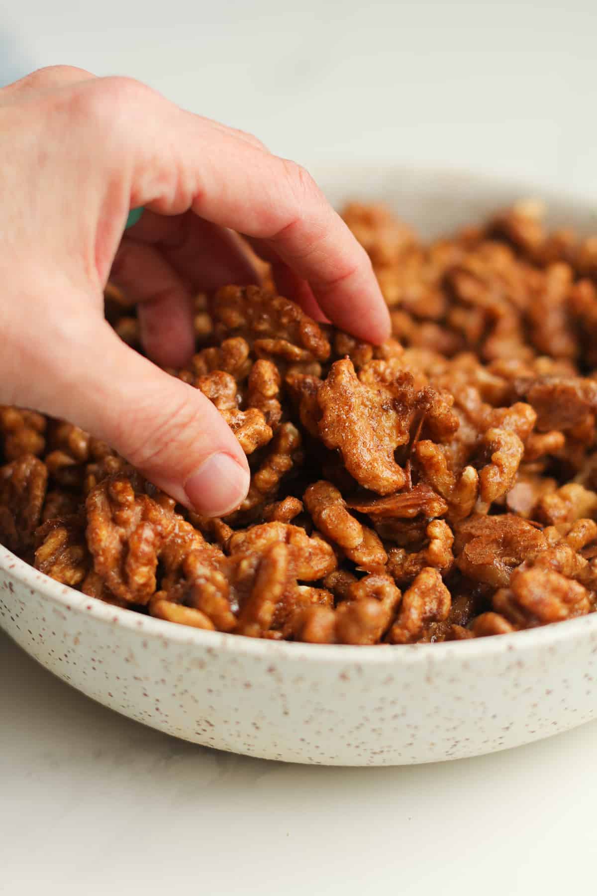 Side shot of a hand in a bowl of candied walnuts.