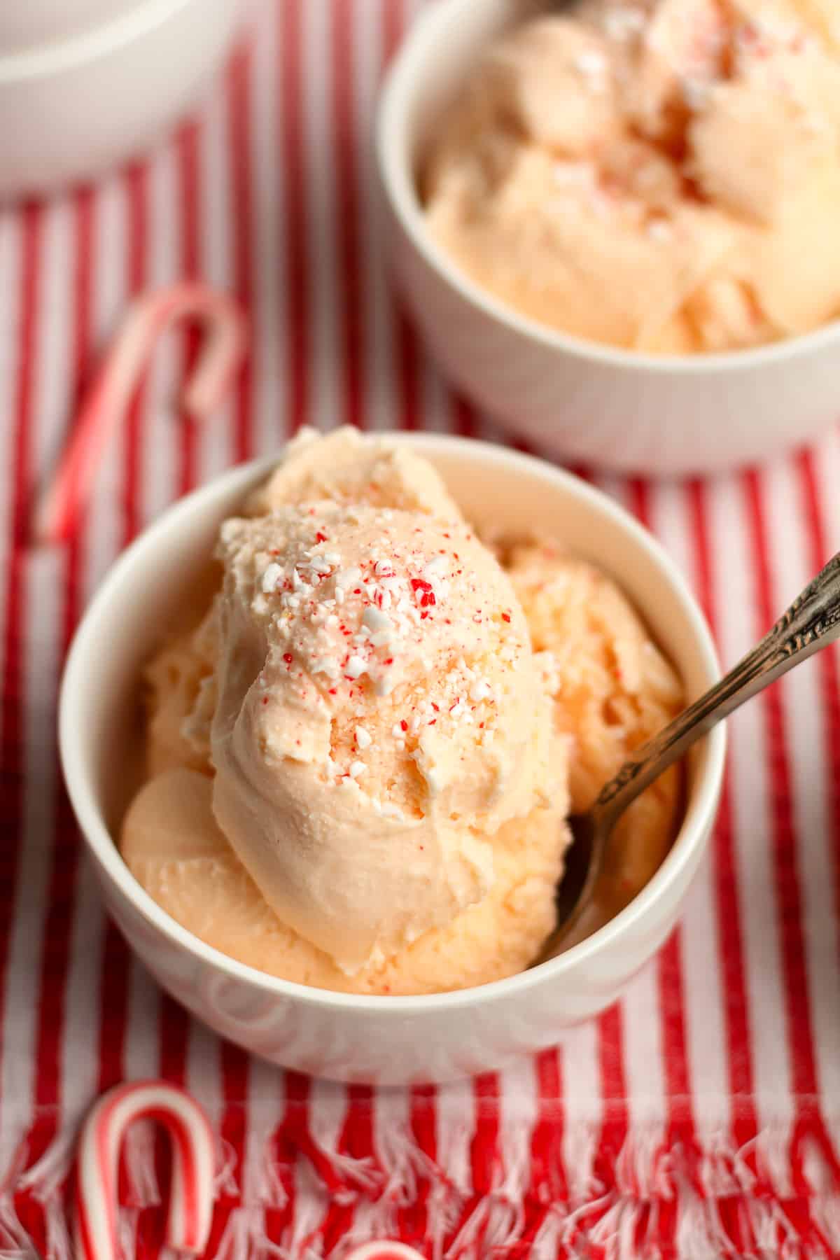 Two bowls of homemade peppermint stick ice cream.