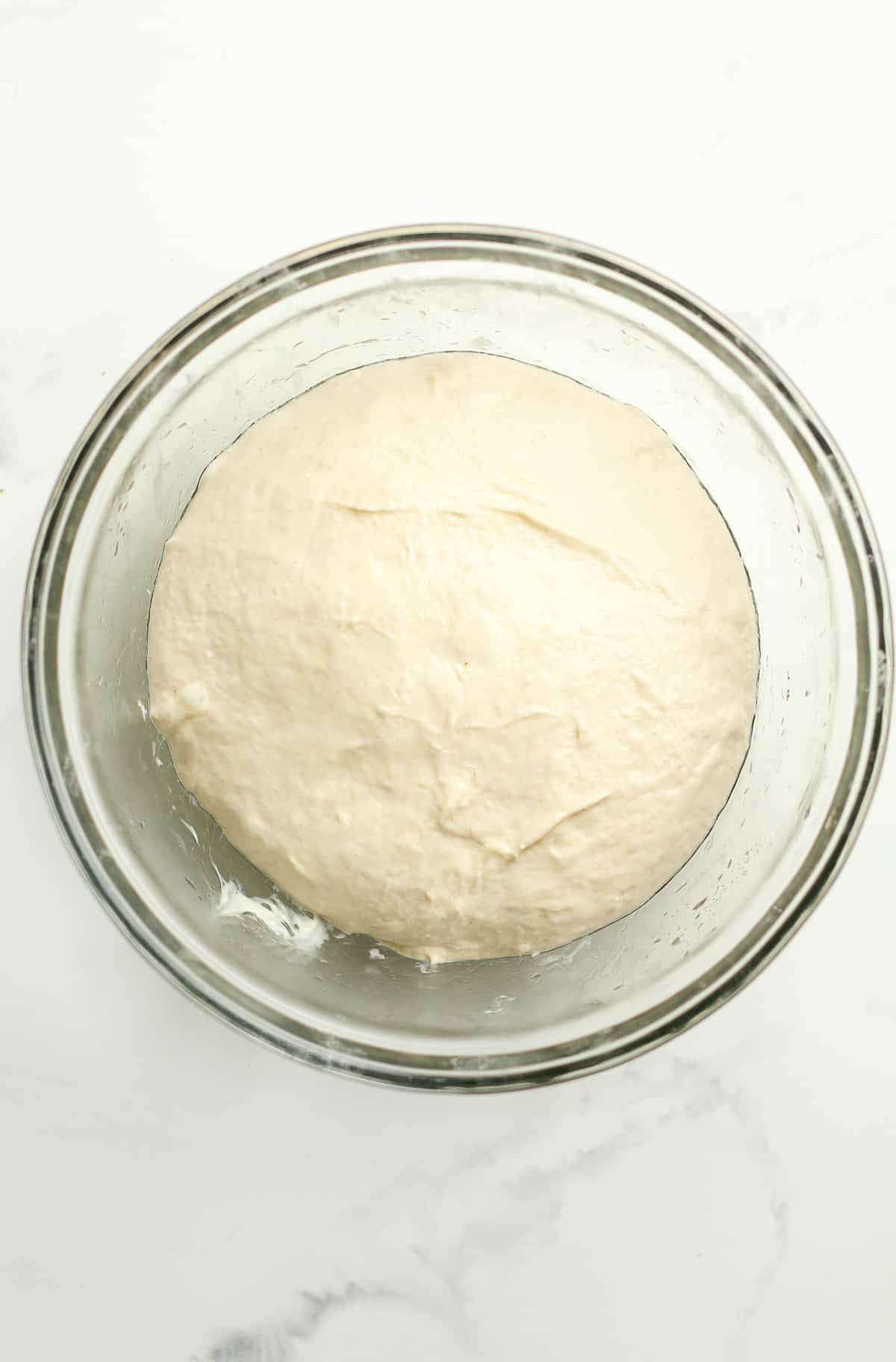 A bowl of the bread dough after mixing.