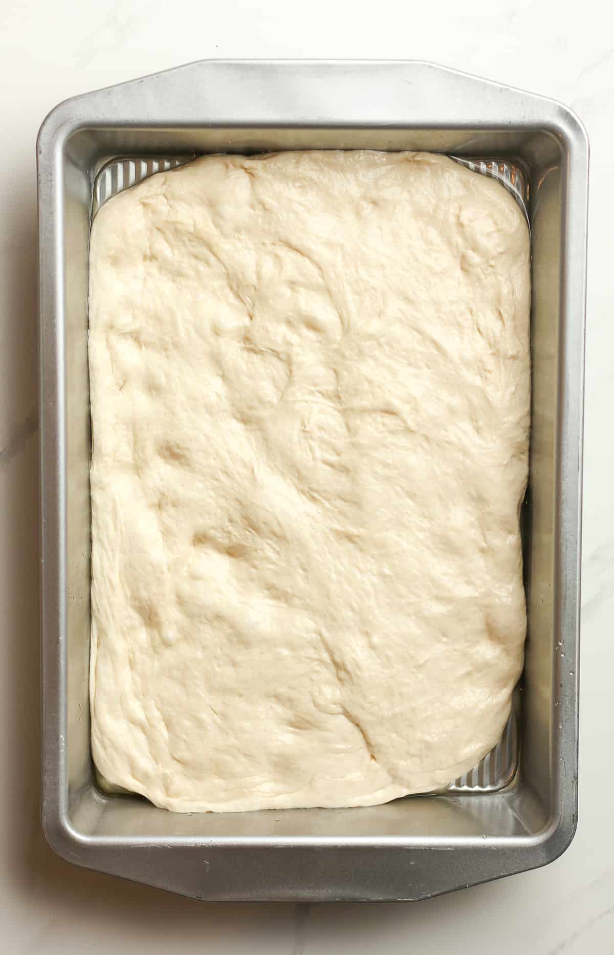 A pan of the the dough, stretched out.