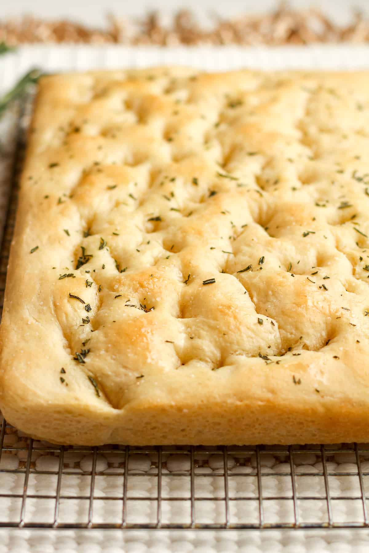 Side view of the baked focaccia.