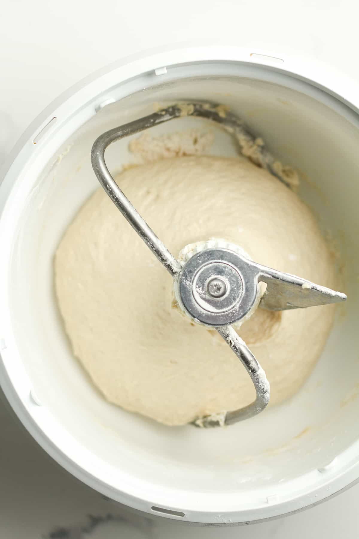 A mixer with the just made bread dough.