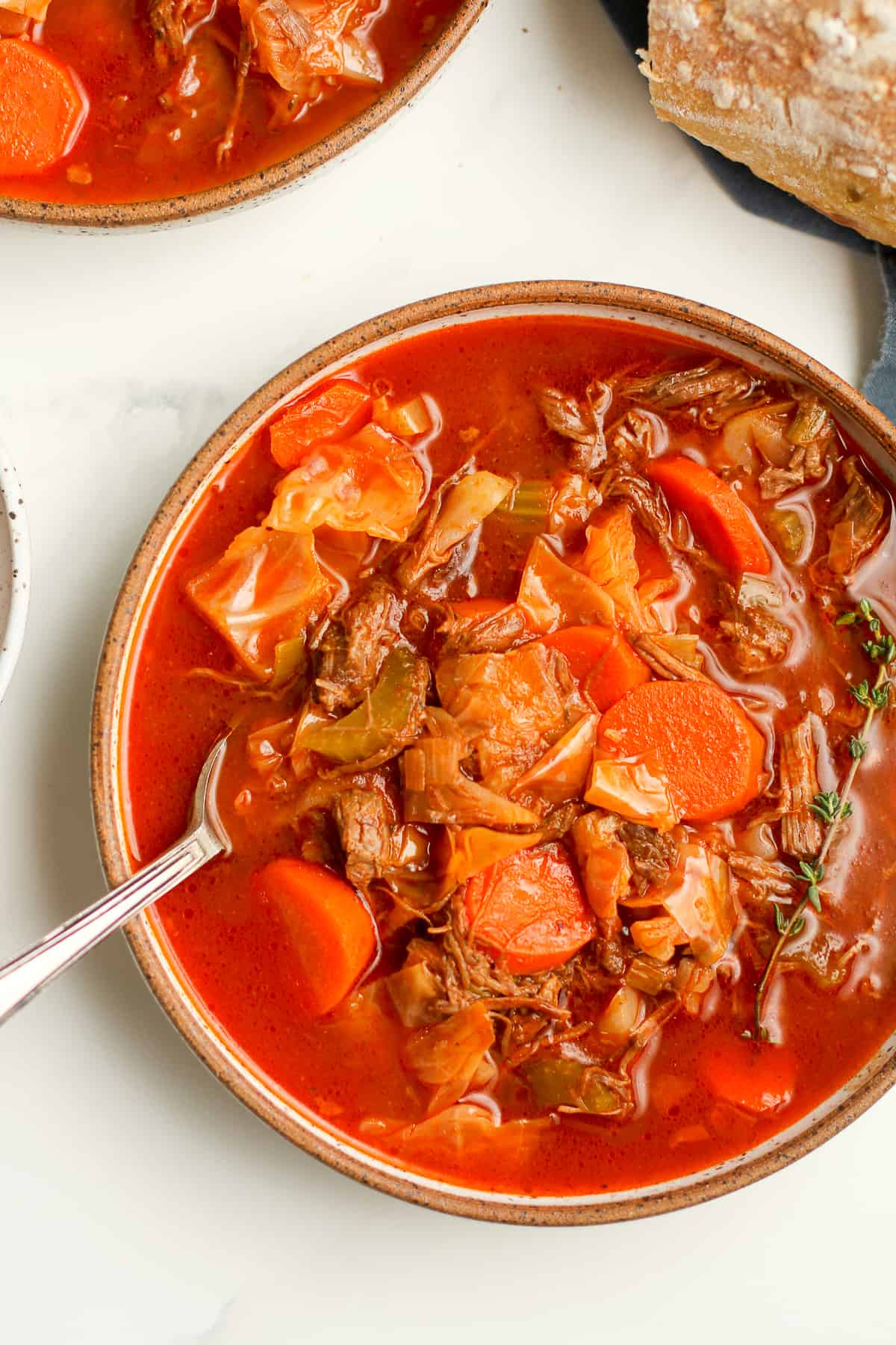 Closeup on a bowl of cabbage beef soup.