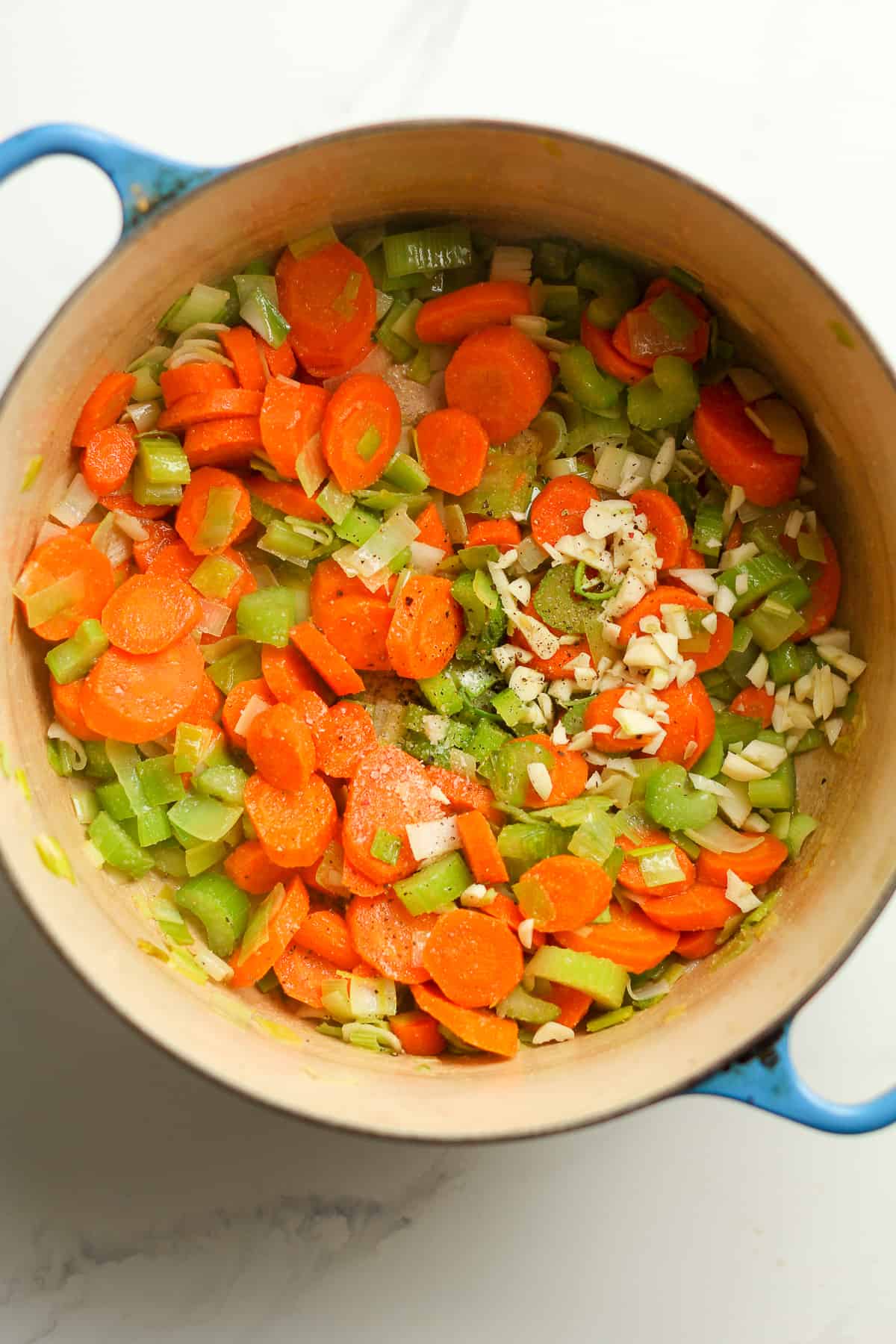 A stock pot of veggies for the soup.