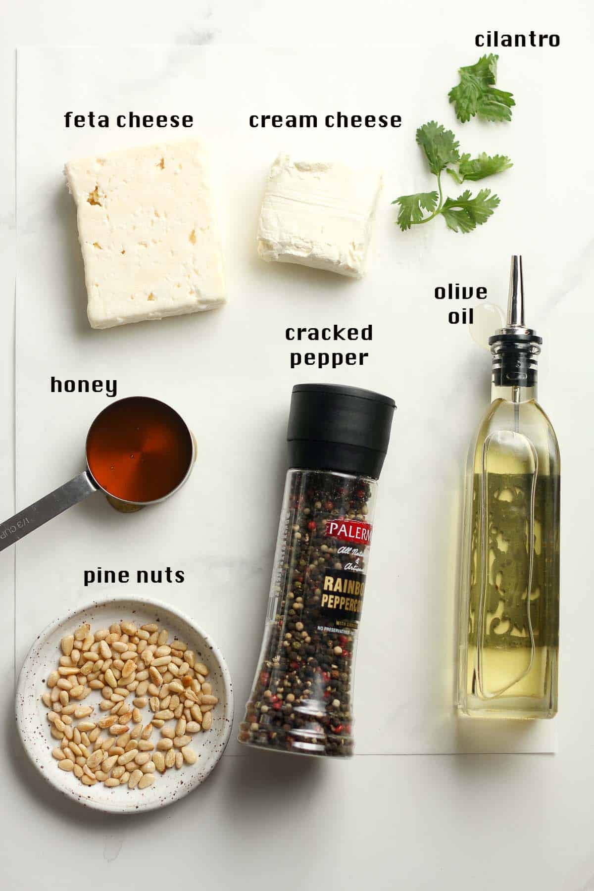 Ingredients for whipped feta dip with honey.