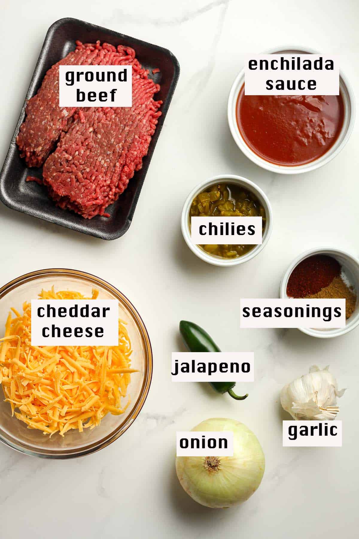 The labeled ingredients for the tamale pie.