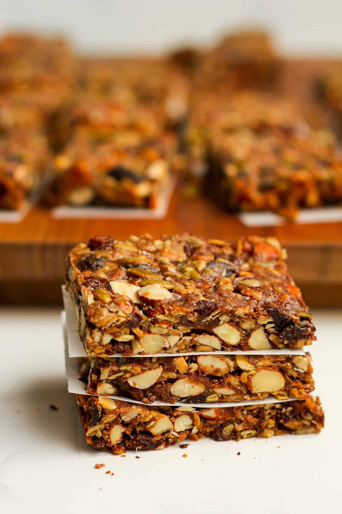 Side view of three stacked grain free granola bars.