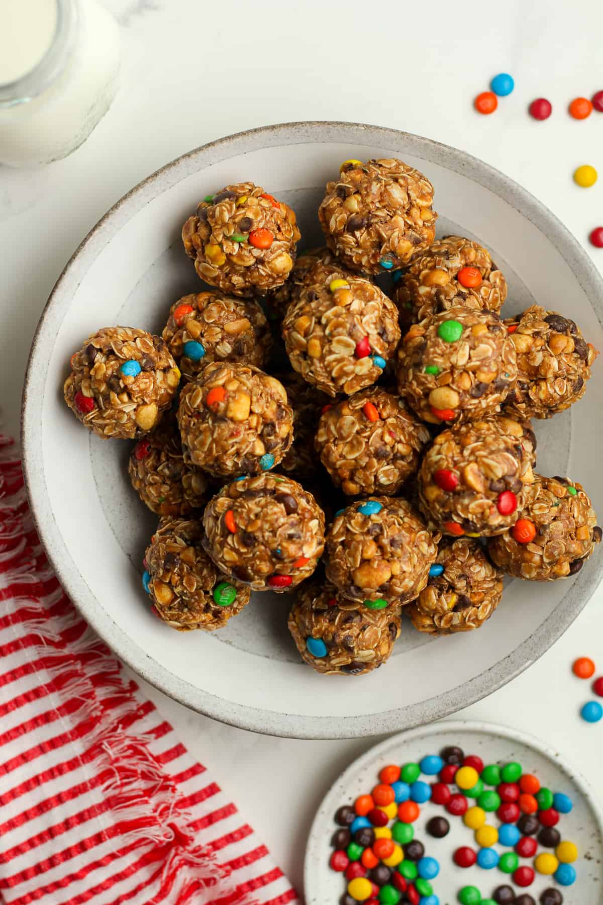 A bowl of the no bake monster balls with m&ms.