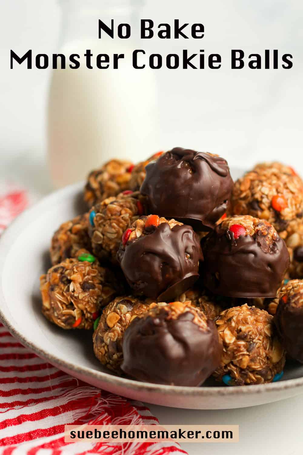 Side view of a bowl of monster cookie balls, no bake.