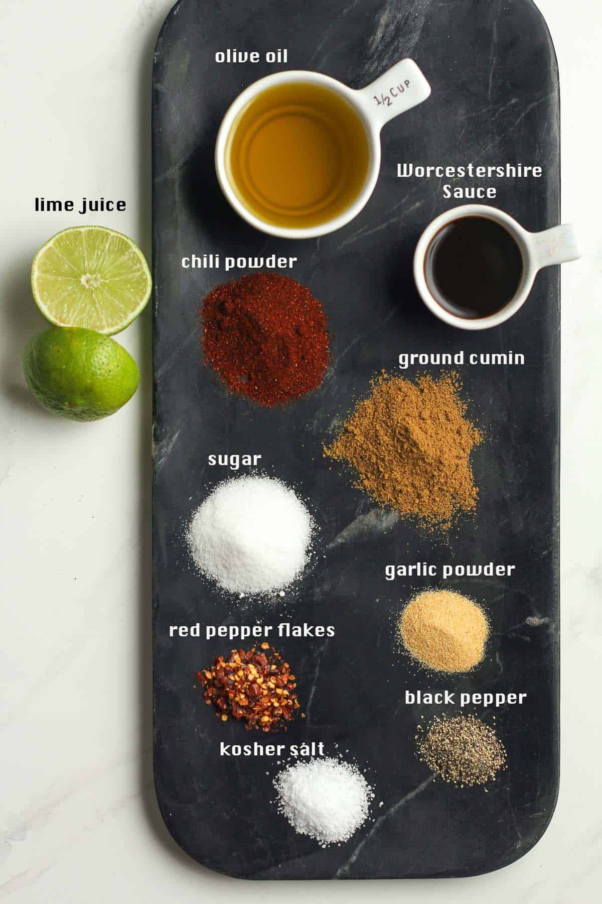 A board with the marinade ingredients, labeled.