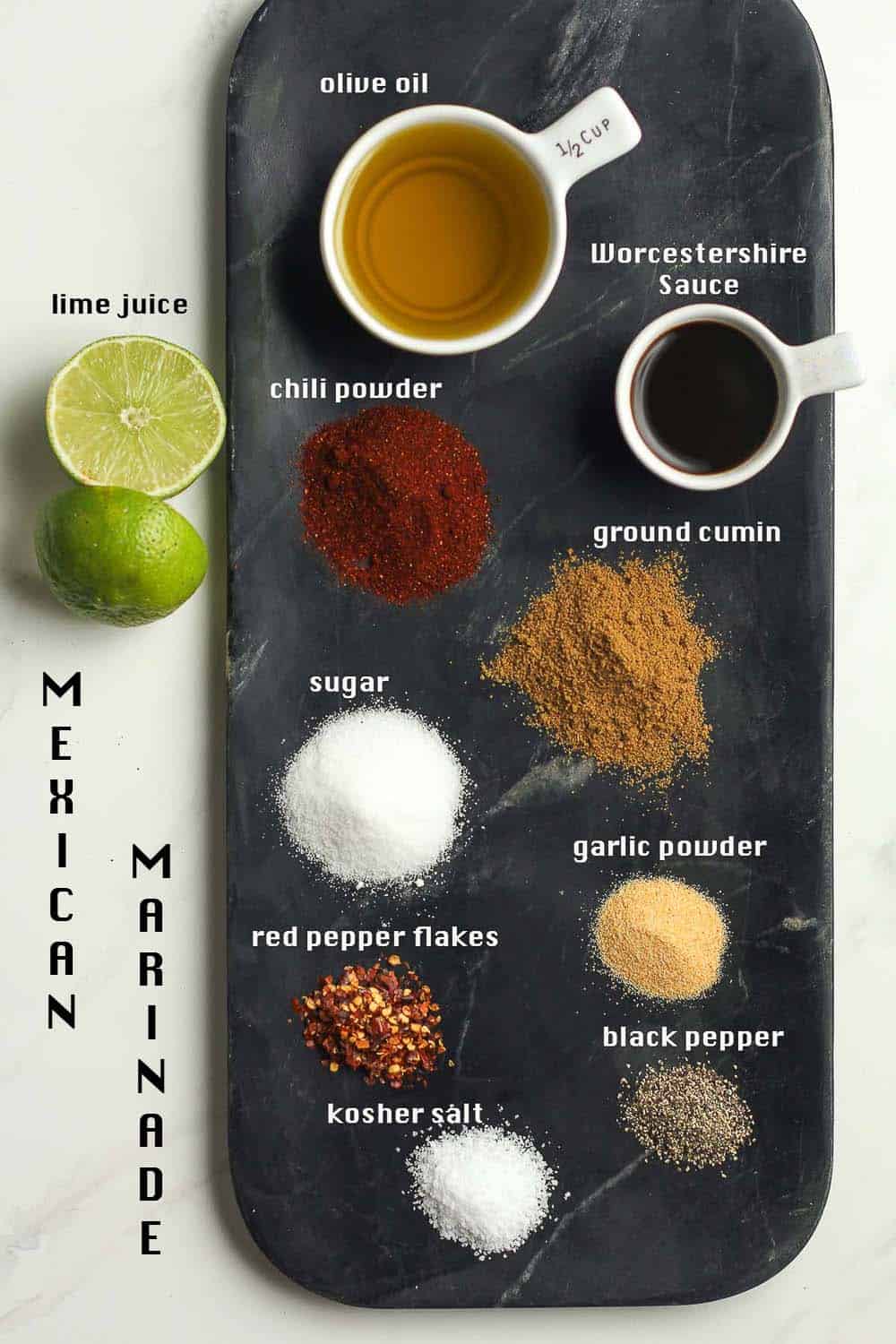 A black board of the ingredients for Mexican marinade for chicken and steak.