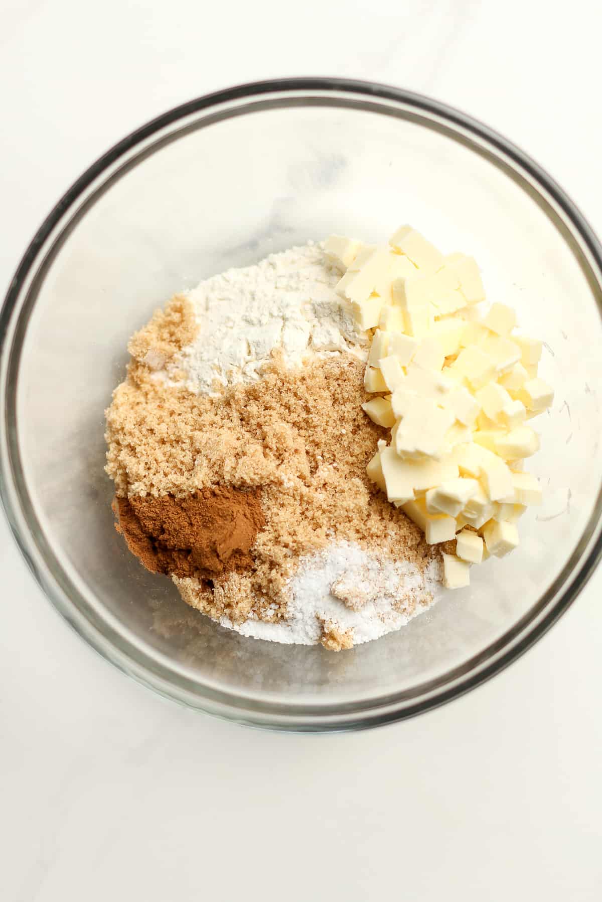 A bowl of the streusel topping ingredients.