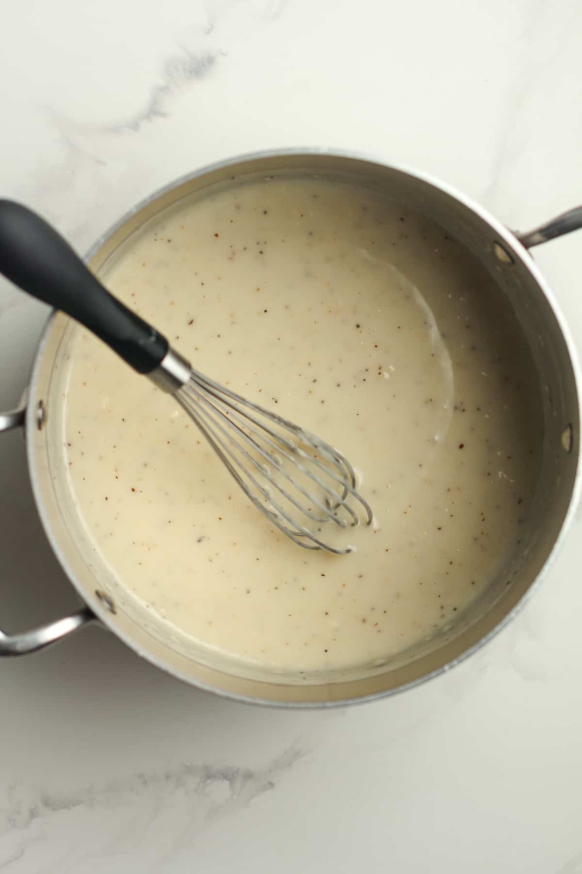 A pan of the cream of chicken soup substitute.