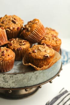 A platter of pecan topped banana muffins.