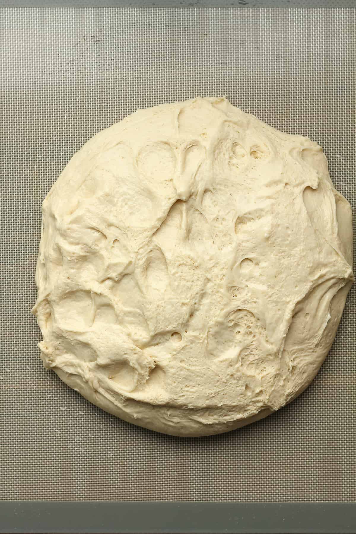 A round of pretzel roll dough on a baking mat.