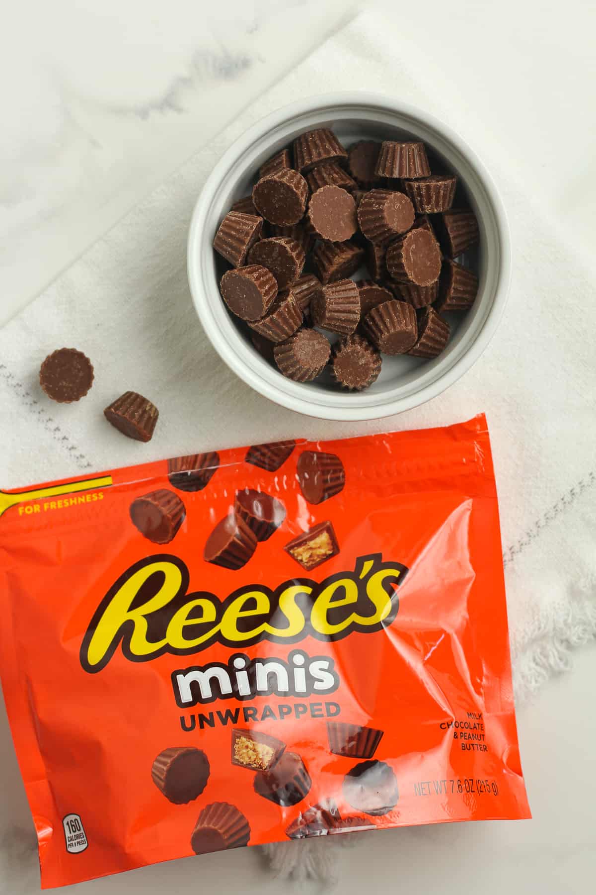 Overhead shot of some mini Reeses plus a Reese's package.
