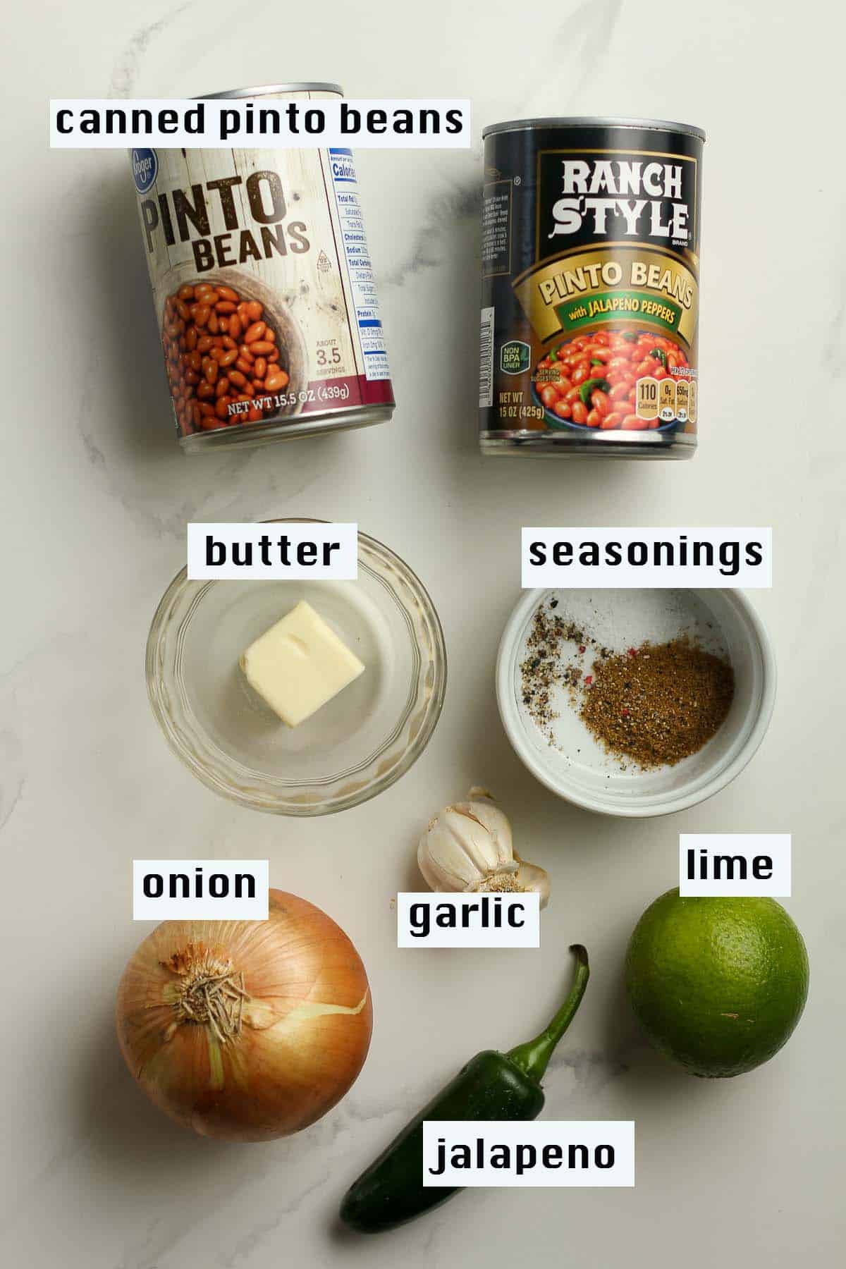 Labeled ingredients needed for the refried beans.