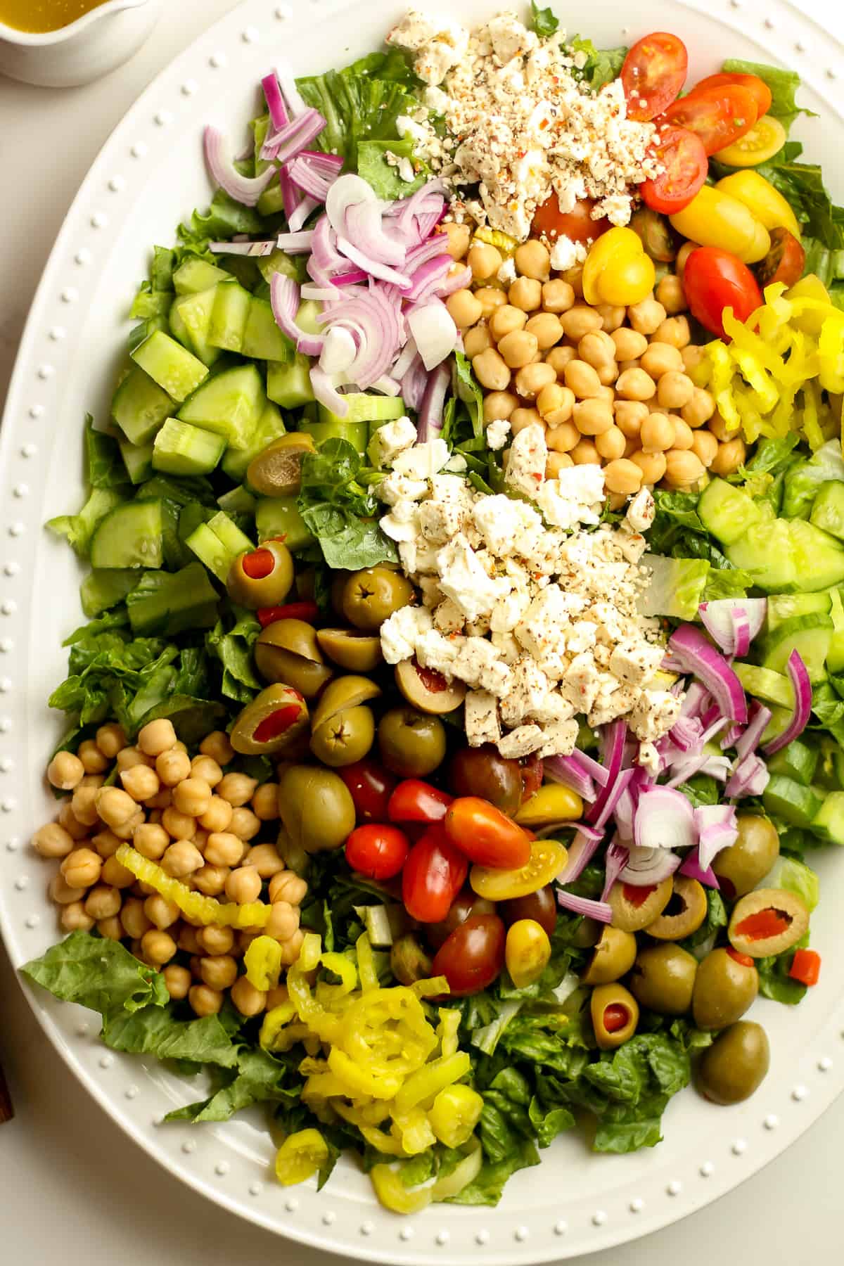 A platter of the Mediterranean chopped salad with veggies.