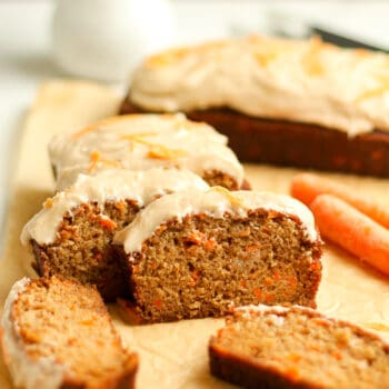 Side view of some sliced carrot cake bread.