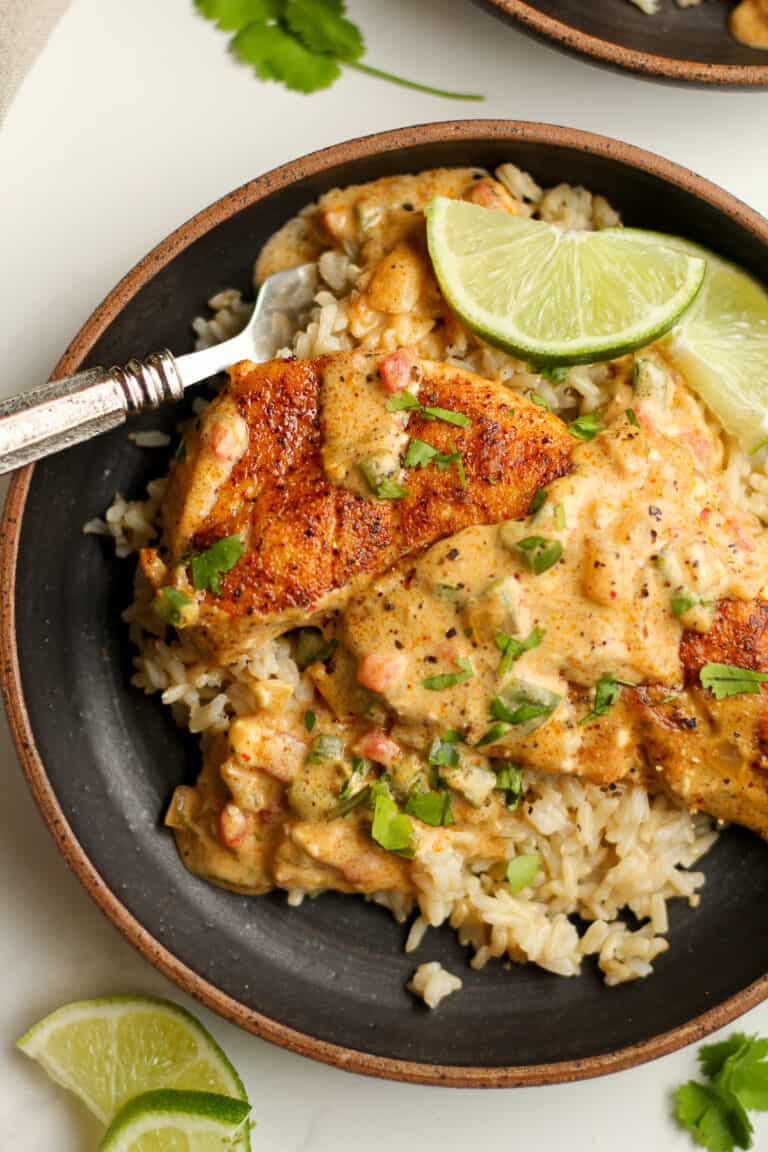 Closeup on the creamy jalapeño chicken over brown rice.