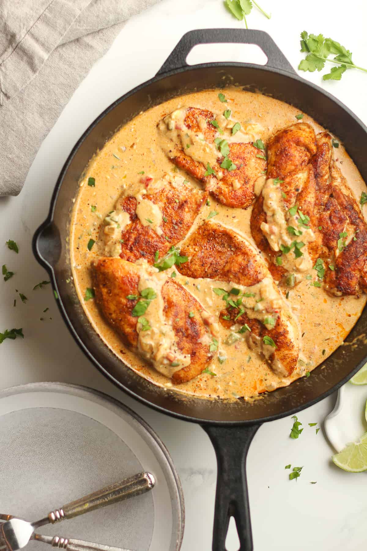The cast iron skillet with the creamy jalapeño chicken.