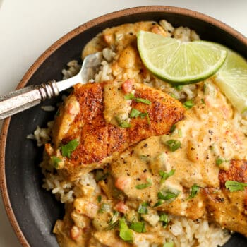 A bowl of the creamy jalapeño chicken over some brown rice.
