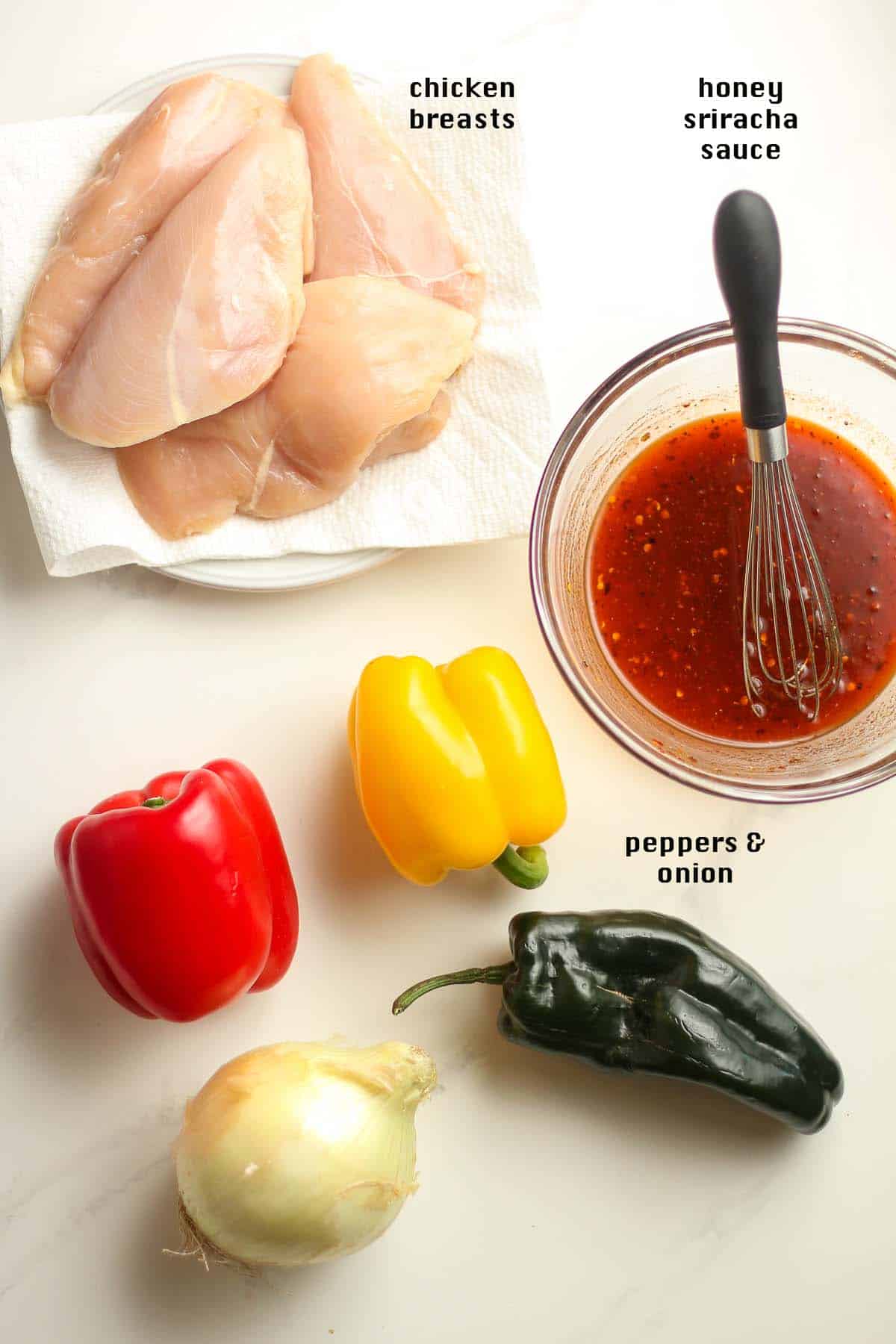 The labeled ingredients for the honey sriracha chicken kabobs.
