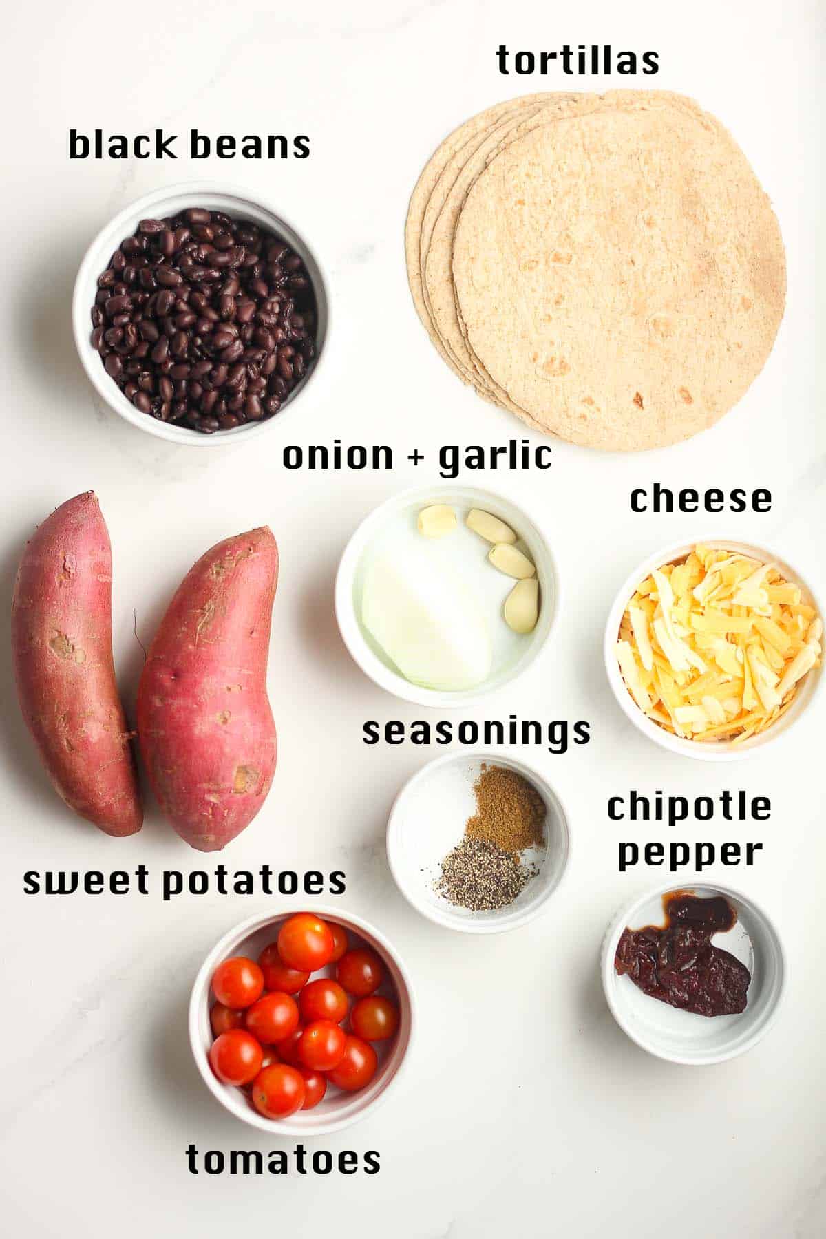A white background with labeled ingredients for sweet potato black bean quesadillas.