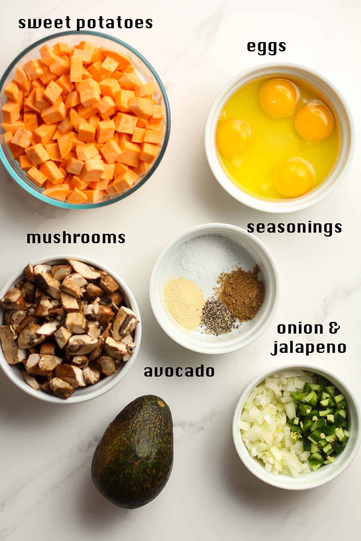 The labeled ingredients for the breakfast skillet.
