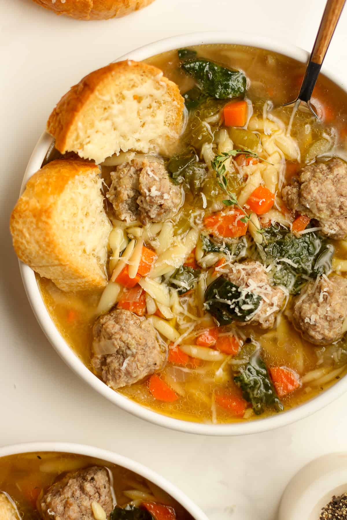 A bowl of the best Italian wedding soup.
