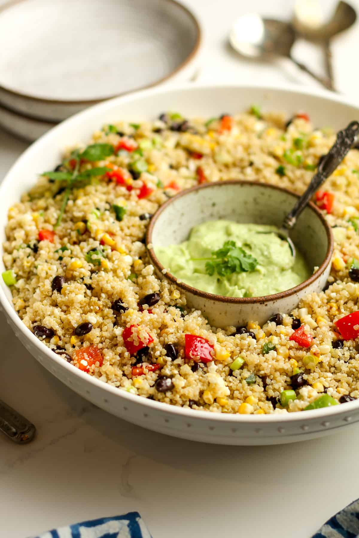 Side view of a large bowl of Mexican quinoa and some avocado crema.
