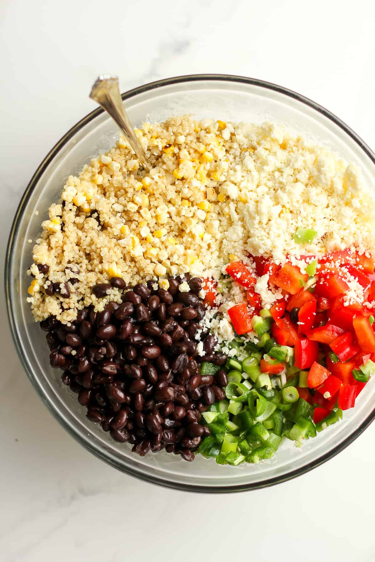 A bowl of the quinoa with the ingredients on top.