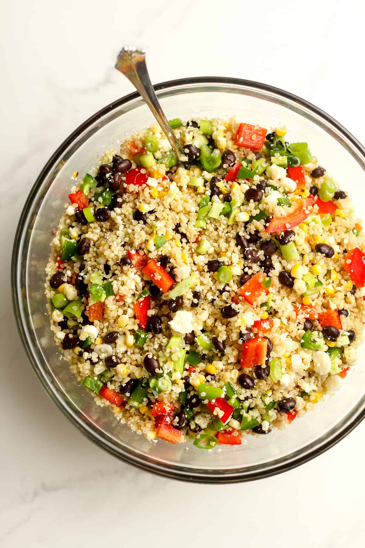 A bowl of the quinoa salad mixed together.