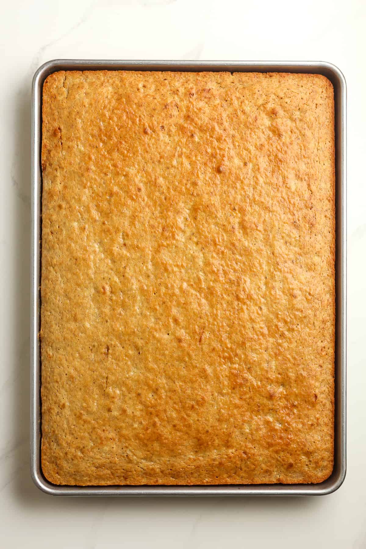 A sheet pan of the banana cake before frosting.