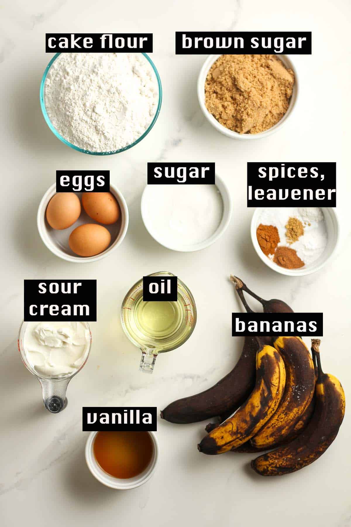 The ingredients for the banana sheet cake.