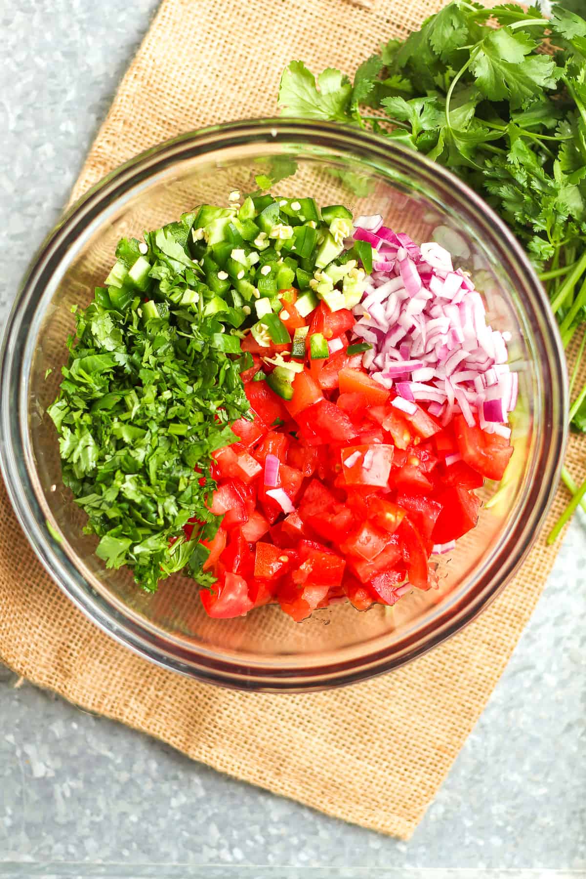 A bowl of the chopped veggies - tomatoes, onion, jalapeño, and cilantro.