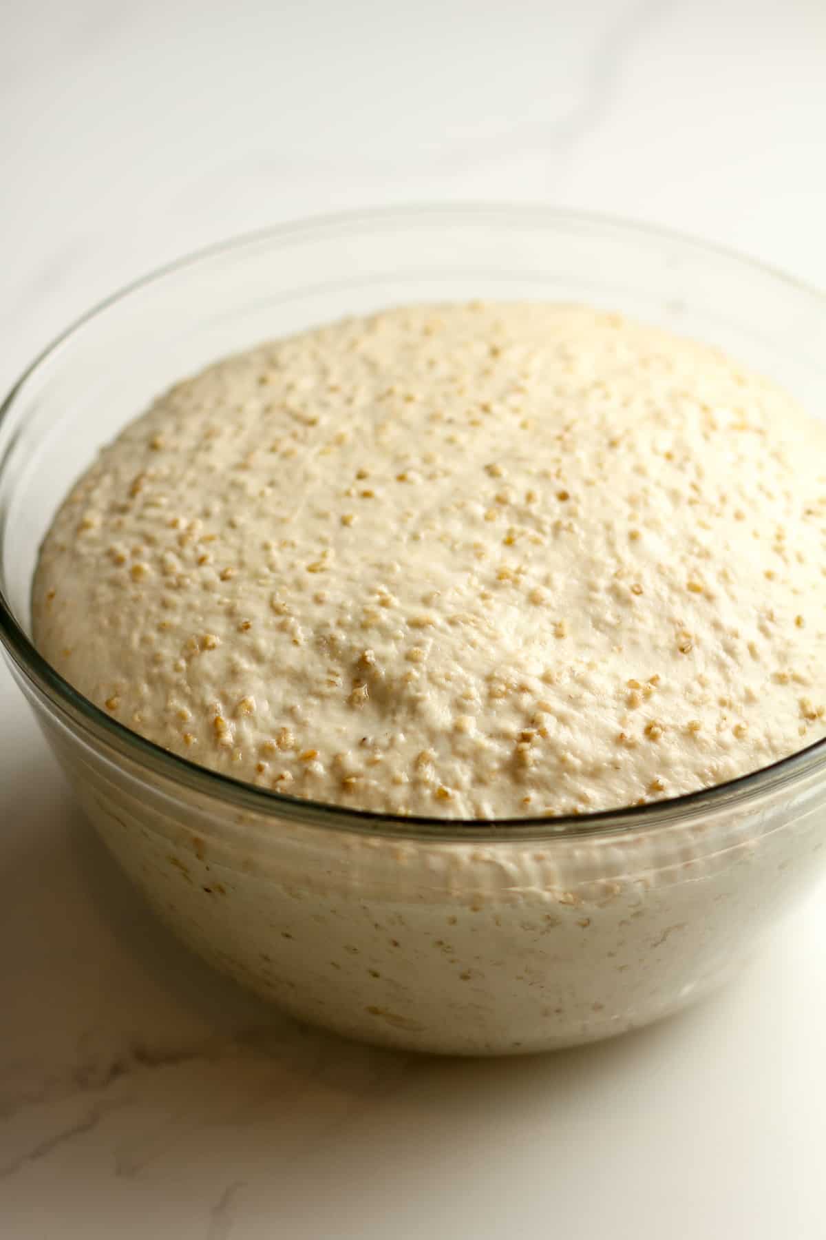 Side view of the raised bread dough.