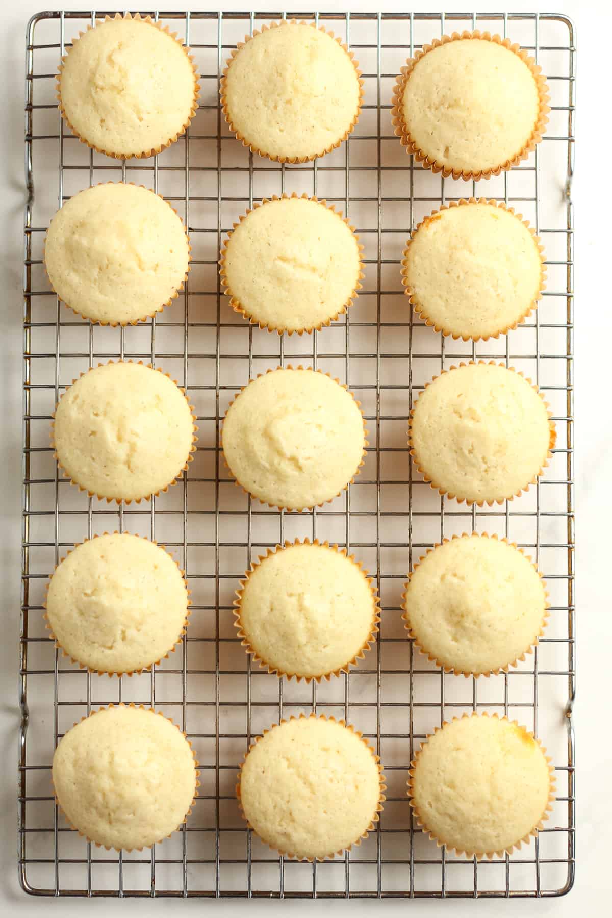 A cooling rack with vanilla bean cupcakes.