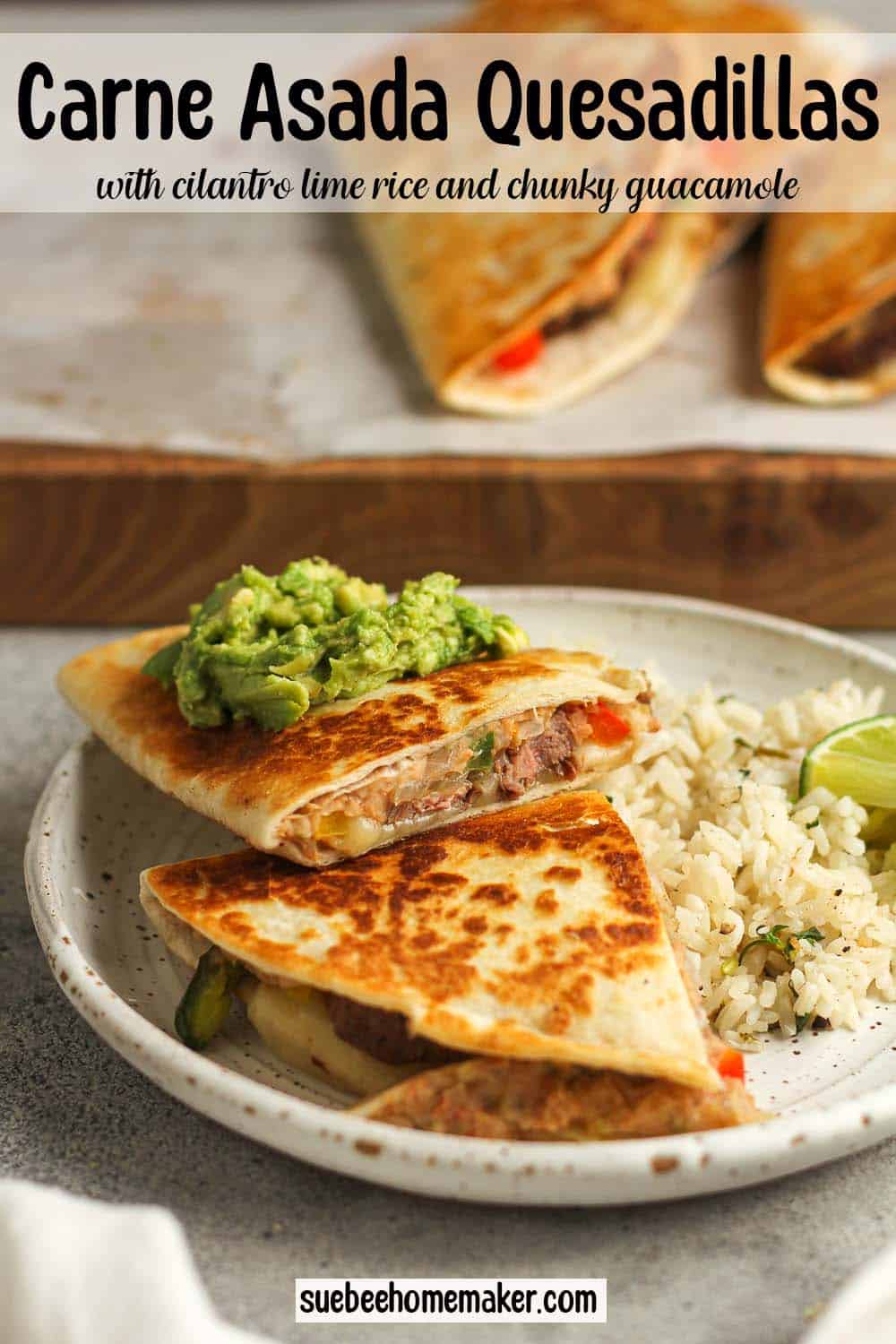 A plate of quesadillas, rice, and guacamole.