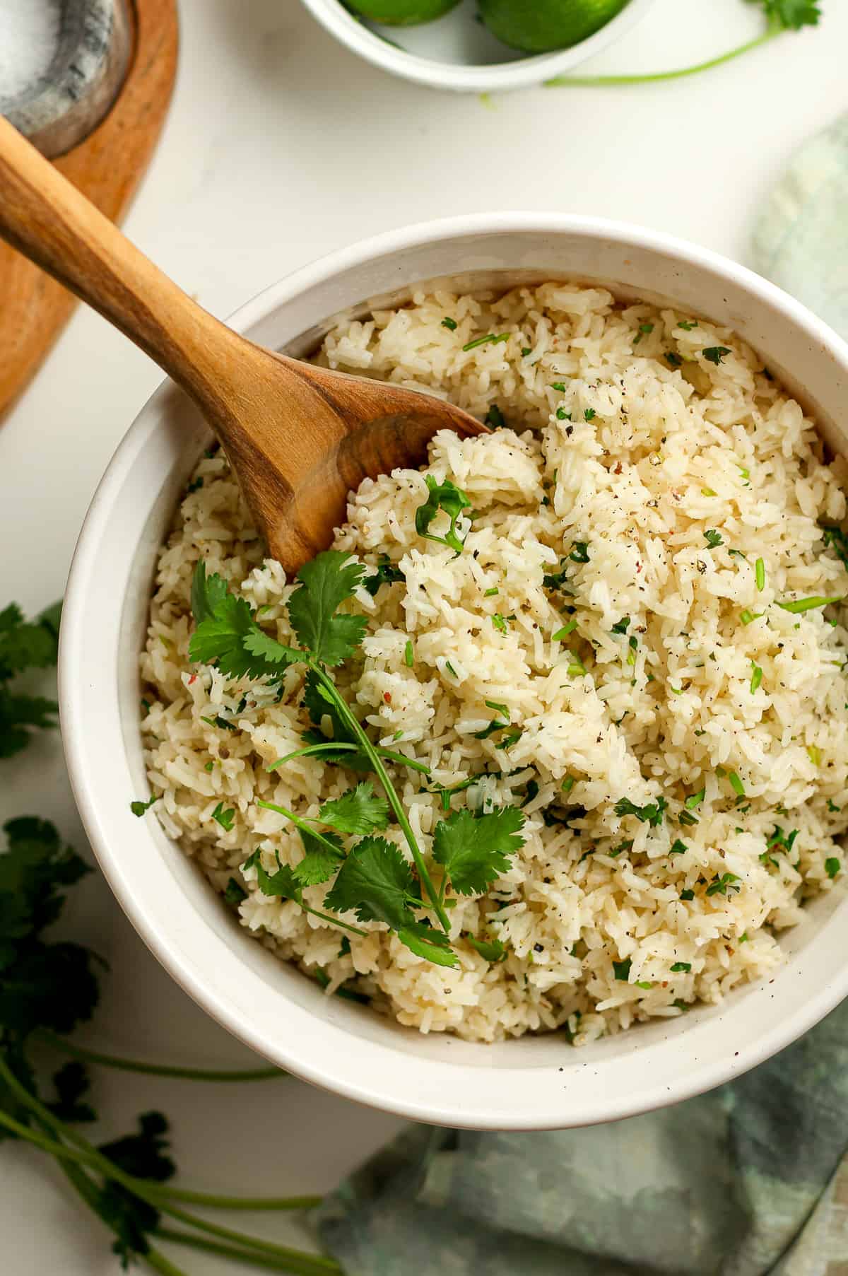 Closeup on a round bowl of the best cilantro lime rice.