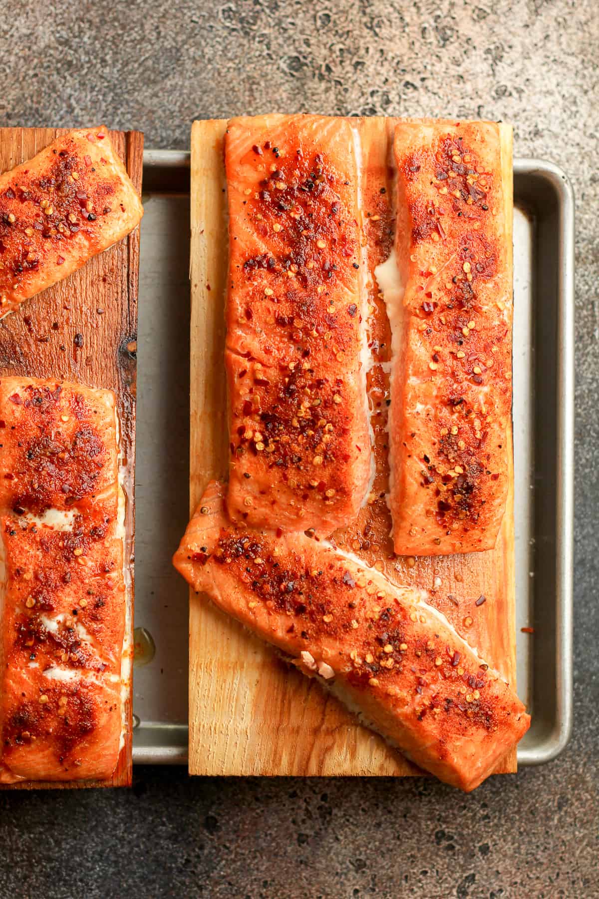 Overhead shot of the cedar plank salmon after removing it from the grill.