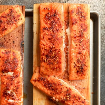 Grilled salmon on cedar planks.