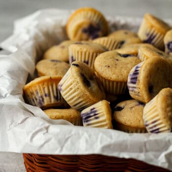 Side view of a basket of mini muffins with blueberries.