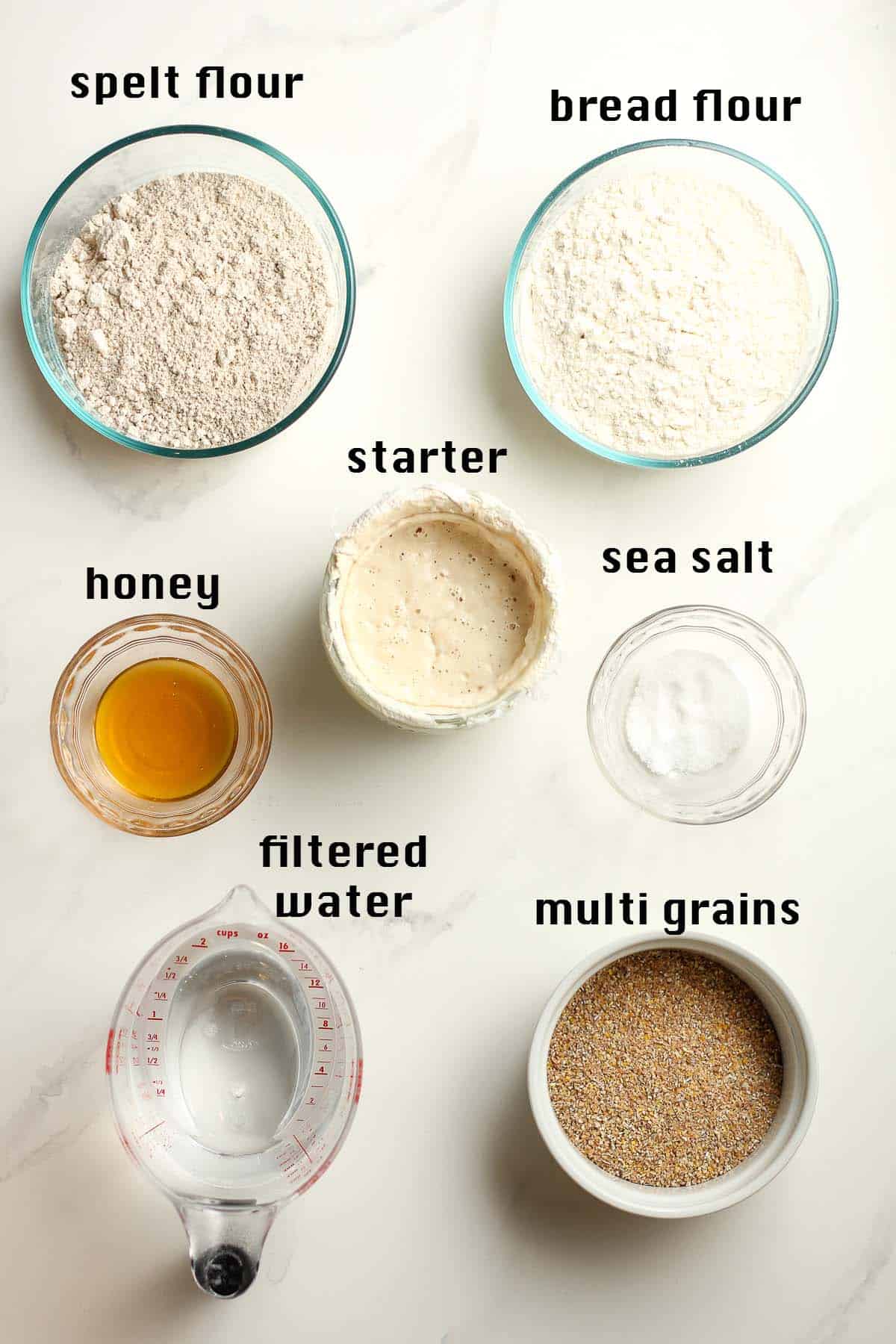 The ingredients for multigrain sourdough bread.