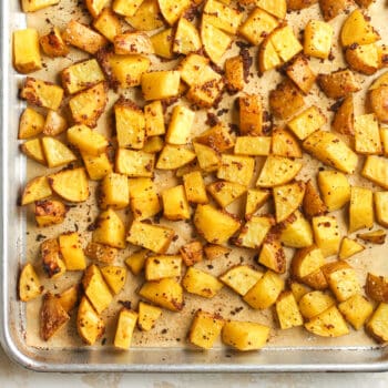 Closeup on a pan of mustard roasted potatoes.