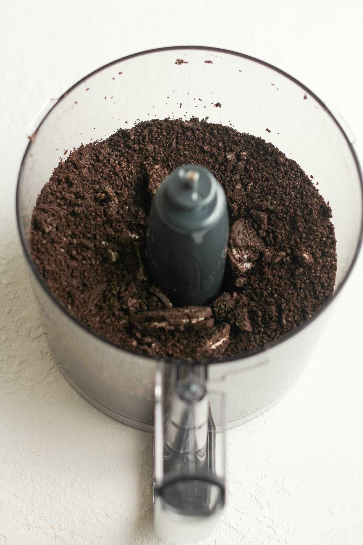A food processor of the crushed Oreo cookies.