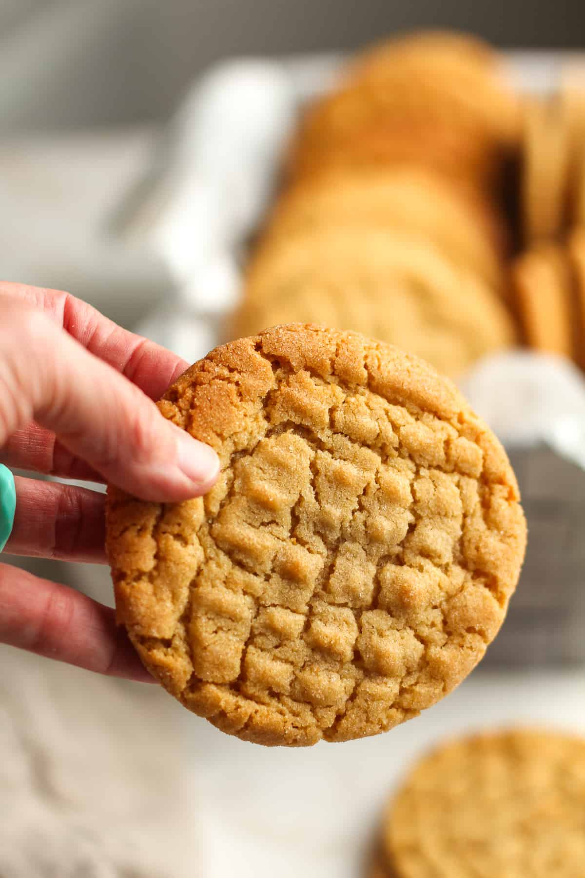 A hand holding a peanut butter cookie in front of a container of cookies.